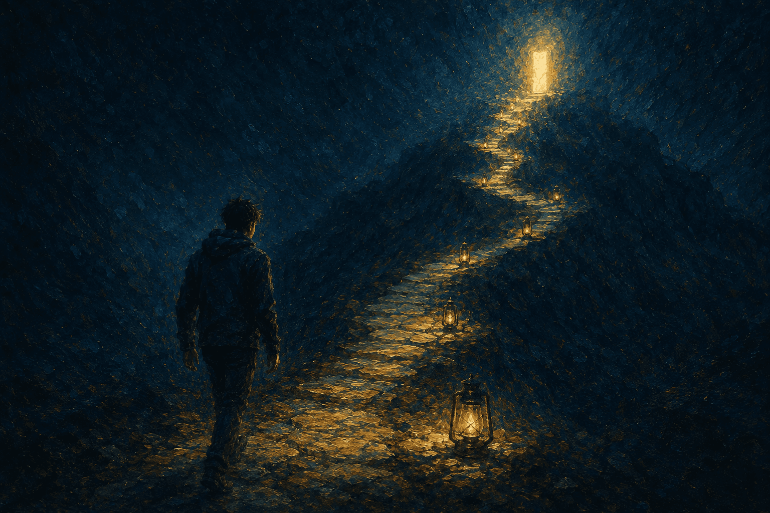 A person walking toward a glowing path beneath symbols representing data structures and algorithms.