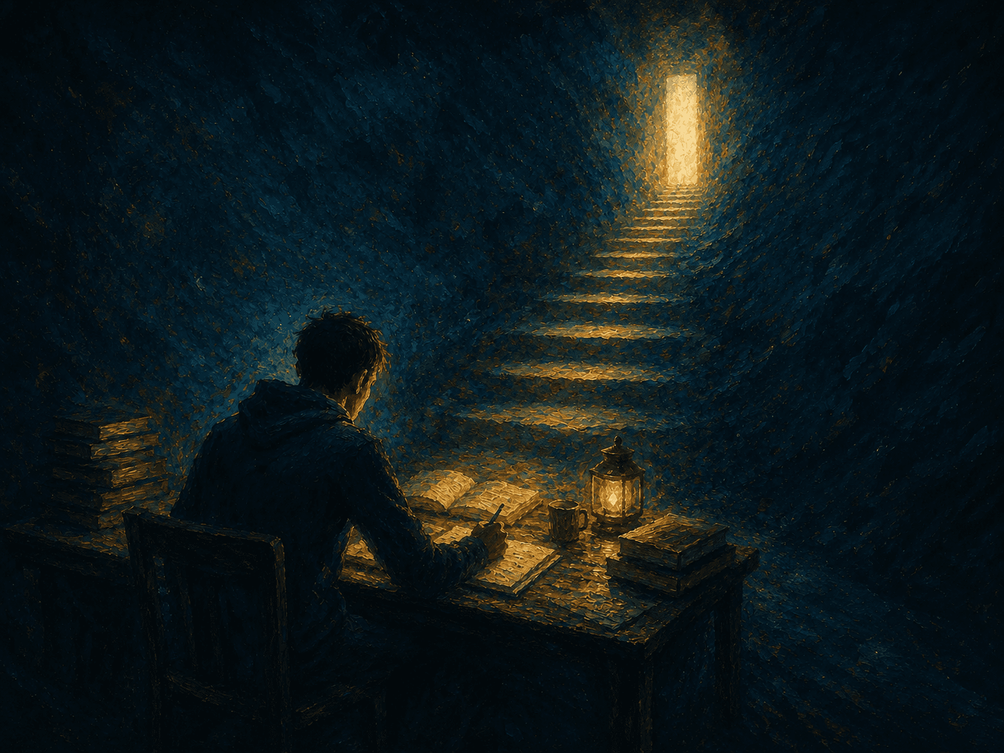 A person walking toward a glowing path beneath symbols representing data structures and algorithms.
